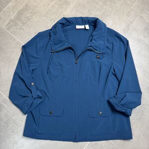 Chicos Weekends Full Zip Navy blue Drawstring neck Rain Coat stretch Jacket Sz 3